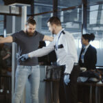 Security agent at an airport check-in gate patting down a bearded casual male passenger with outstretched arms after he passes through the metal detector scanner in the departures hall.