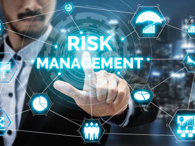 Risk Management and Assessment for Business Investment Concept. Modern graphic interface showing symbols of strategy in risky plan analysis to control unpredictable loss and build financial safety.